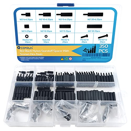 350PCS M2 Black Male Female Nylon Hex Spacer Standoff Screw Nut Set Assortment Kit (Black) for PCB Motherboard Circuit Board - size: 350Pcs M2