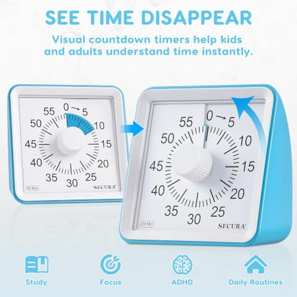 Secura Visual Timer for Kids, 60 Minute Classroom Countdown Timer for Study - color: Blue & Blue