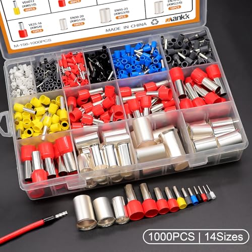 mankk 1000PCS Wire Ferrules Terminals Kits Silver Plated Copper Ferrules Wire Ends Terminals Crimp Terminal Connector Sleeves 14 Sizes AWG(22 20 18 16 14 12 10 7 5 4 2 1/0 2/0 3/0) - color: 1000PCS