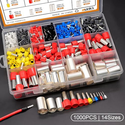 mankk 1000PCS Wire Ferrules Terminals Kits Silver Plated Copper Ferrules Wire Ends Terminals Crimp Terminal Connector Sleeves 14 Sizes AWG(22 20 18 16 14 12 10 7 5 4 2 1/0 2/0 3/0) - color: 1000PCS