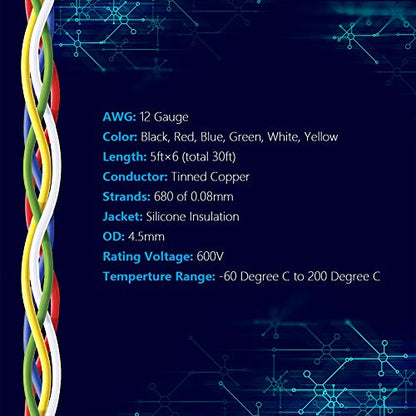 Fermerry 12 AWG Stranded Wire Spool 5ft Each 6 Colors - size: 5FT, style: 12 AWG-6C