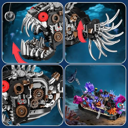 Mechanical Fishing Fish Building Set, 1010pcs Deep Sea Monster Block Models with Coral Base, Steampunk Ocean Animal Building Toys, Suitable for Boys and Girls 8+Home Office Decoration