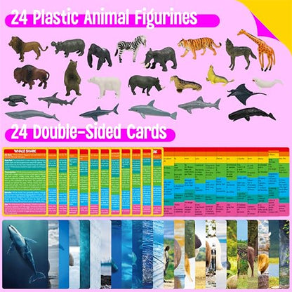 24PCS Animal Figurines with 24 Introducing Flashcards, Wild & Marine Animal Figures Safari and Underwater Creature Learning Montessori Toys Science Educational Matching Game for Homeschool, Kids - style: Wildlife+Marine Animal Set (including cards)