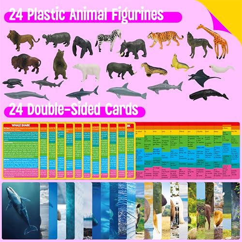 24PCS Animal Figurines with 24 Introducing Flashcards, Wild & Marine Animal Figures Safari and Underwater Creature Learning Montessori Toys Science Educational Matching Game for Homeschool, Kids - style: Wildlife+Marine Animal Set (including cards)