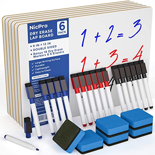 Nicpro 6 Pack Dry Erase Lap Board Kid Double Sided Small Whiteboard 9 x 12 inches with 18 Pens and 6 Erasers Learning Mini White Board Portable Bulk School Supplies for Student and Classroom Use - color: White, size: 6 PACK