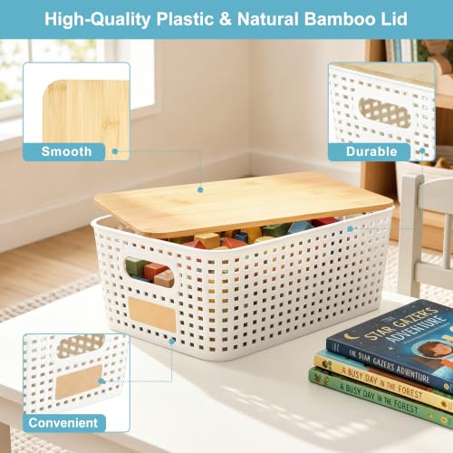 Bagnizer Small Plastic Storage Bins with Bamboo Lids 5.2qt Stackable Box Basket Pantry Decorative Containers Cute with Labels for Organizing Desktop Closet Office Cream White of 6 packs 10*7.2*4.1" - color: Cream White, size: Small- 6 Pack