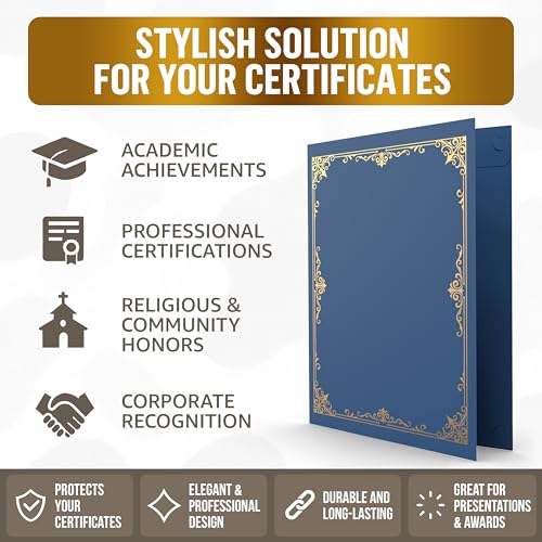 50 Pack Double Sided Certificate Holders 8.5x11 Blue - Heavyweight 300gsm Cardstock Diploma Holder - Dual Certificate Folder Letter Size Award Certificate for Graduation with Gold Foil Diploma Cover - color: Blue-gold, size: 50 Pack