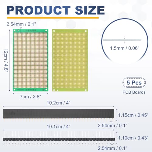 5Pcs 12x7cm PCB Prototype Board w 40-Pin Headers, Green - size: 12x7cm(2.54mm Pitch/1.5mm T)