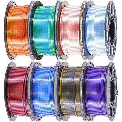 Silk PLA 2 Color in 1 Coextrusion 3D Printer Filament Bundle: White/Red, White/Blue, Blue/Purple, Lime GreenBlue, RedGold, RedBlack, GoldBlack, PurpleBlack, 2Kg Dual Color Silk PLA, 250g x 8 - color: 8 Colors Bundle: White to Red/White to Blue/Blue to Pur