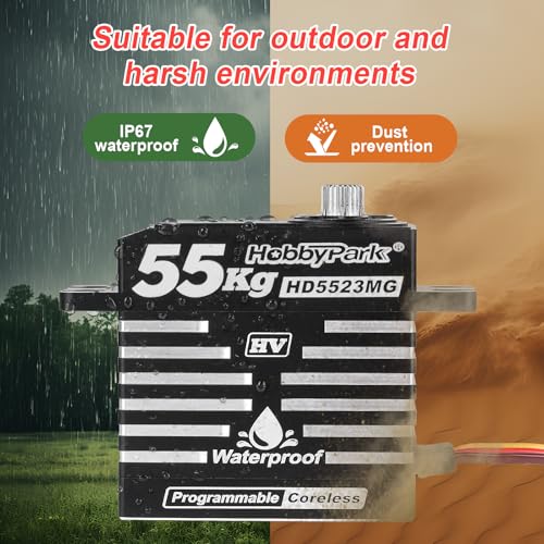 HobbyPark Waterproof 55KG Servo Coreless Motor 8.4V HV Servo High Torque Servo Full Metal Gear RC Servo Programmable for 1/8 1/10 RC Crawler RC Truck RC Car Buggy Robotic 180° w/Servo Horn