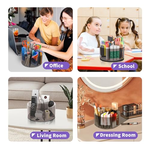 Mefirt Acrylic Pen Organizer, 360 Degree Rotating Desk Organizer with 6 Compartments Crayon Holder for Office, School, Home, Art Supply, Grey - style: Grey-Large