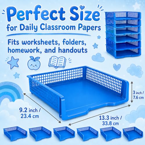 6 Pcs Blue Turn in Trays Classroom, Stackable Paper Bins for Classroom, 13x9x2.8 inch Plastic Baskets Desktop Organization System Office (Blue) - color: Blue