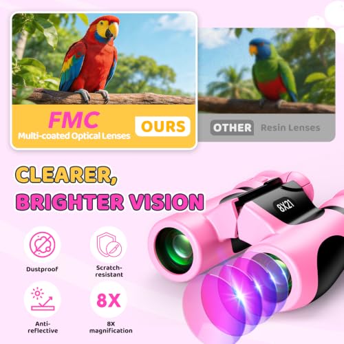 8x21 Kids Binoculars with 25 Scavenger Hunt Cards|Compass|Magnifying Glass, 3-12 Year Old Girls Birthday Gift Outdoor Explorer Kit for Girl Kid Ages 4-6-8-12 STEM Camping Toy Bird Watching Hiking - color: Pink