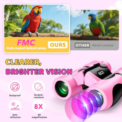 8x21 Kids Binoculars with 25 Scavenger Hunt Cards|Compass|Magnifying Glass, 3-12 Year Old Girls Birthday Gift Outdoor Explorer Kit for Girl Kid Ages 4-6-8-12 STEM Camping Toy Bird Watching Hiking - color: Pink