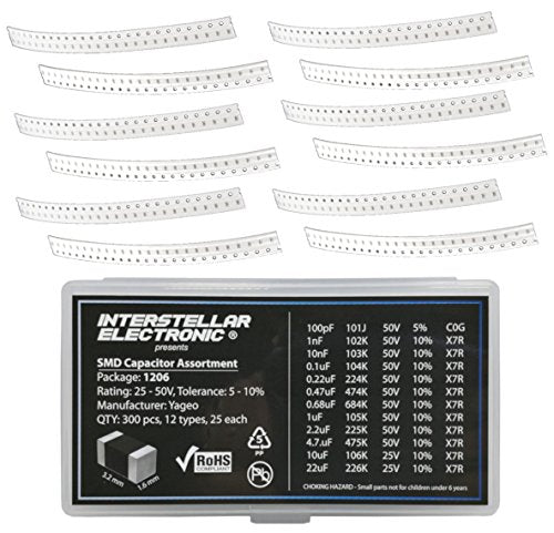 1206 SMD Capacitor Assortment X7R C0G only, 100pf, 1nF, 10nF, 01uF, 0.22uF, 0.47uF, 0.68uF, 1uF, 2.2uF, 4.7uF, 10uF, 22uF, 25V - 50V, 300 pcs