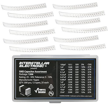 1206 SMD Capacitor Assortment X7R C0G only, 100pf, 1nF, 10nF, 01uF, 0.22uF, 0.47uF, 0.68uF, 1uF, 2.2uF, 4.7uF, 10uF, 22uF, 25V - 50V, 300 pcs