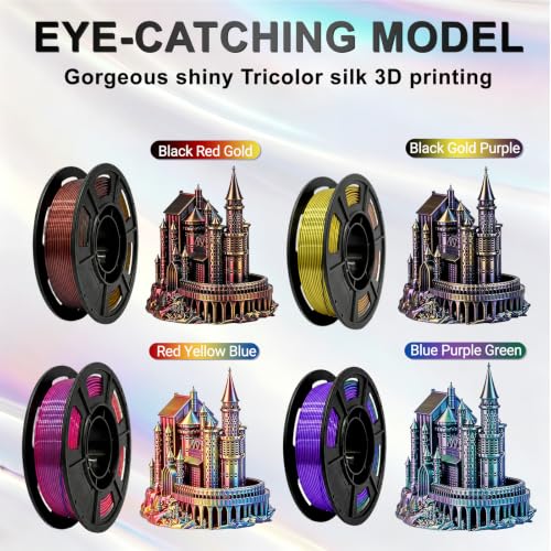 Tricolor Silk PLA+ 3D Printer Filament Bundle, Shiny Silk PLA+ Filament 1.75mm Pack, Shiny Multi Color Change, Smooth Multicolor PLA+ Filament for Christmas Decorations - 4 Spools 250g Each - color: 250g*4 Silk-tricolor Red Yellow Blue/Blue Purple Green/B