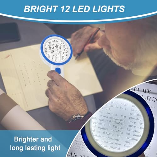 Magnifying Glass with 12 LED Lights, Double Glass Lens Handheld Illuminated Magnifier Reading Magnifying Glass with for Seniors Read, Coins, Stamps, Map, Inspection, Macular Degeneration (Blue) - color: Blue
