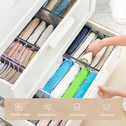 Wardrobe Clothes Organizer, 7 Grids Washable Portable Closet Organizer Mesh Separation Storage Box Foldable Closet Drawer Organizer for Underwear, Socks, Scarves, Jeans (Grey, 2 Jeans Grid) - size: 2 Jeans Grid