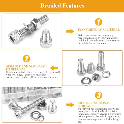 118 Pieces M6 Screws Nuts Washers Set, Sutemribor M6 x 10/12/16/20/25/30/35mm Hex Socket Head Cap Screws Nuts Washers Assortment Kit, 304 Stainless Steel, Fully Threaded - size: M6, style: Socket Head