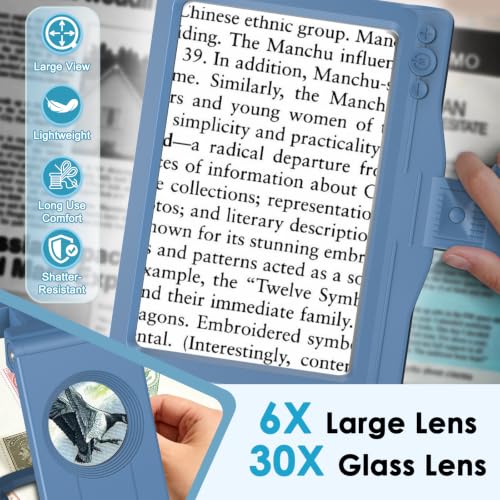 30X 6X Rechargeable Magnifying Glass for Reading, Large Full Page Magnifier with Folding Stand, 3 Color Light Modes, Dimmable LED Lighted, Hands Free Book Magnifier for Low Vision Seniors, Blue - color: Blue