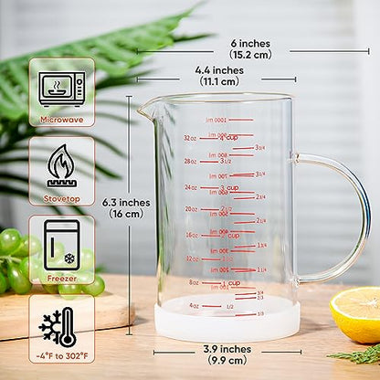 4 Cup Glass Measuring Cup with Handle, 77L High Borosilicate Glass Measuring Cup with V-Shaped and Three Scales (Cup, OZ, ML), Glass Liquid Beaker with Silicone Base, Double-Sided Measure Scales - color: Clear, size: 4 Cup, 1000ML