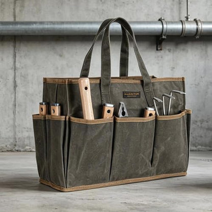 Waxed Canvas Garden Tool Bag Tote, 14 Inch Tool Bag with 10 External Pockets & 1 Large Compartment, Army Green - color: Army Green