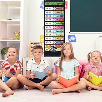 Daily Schedule Pocket Chart Kit,40 Bright Attractive Double-Sided Reusable Erasable Cards,1 Title Card,13+1 Scheduling Pocket Chart with 2 Hangers for Classroom Office Home Preschool Learning (Black) - color: Black