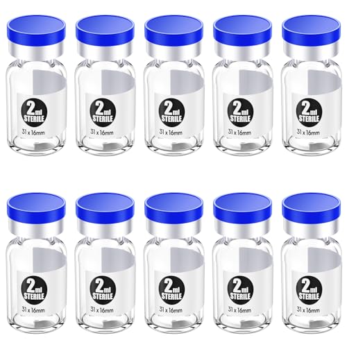 2ml 10pcs Sterile Empty Vial with Plastic Aluminum Caps，Penicillin Bottle 13mm Crimp Top Sterile Transparent Borosilicate Lab Sample Vial (Transparent) - size: 2ml 10pcs