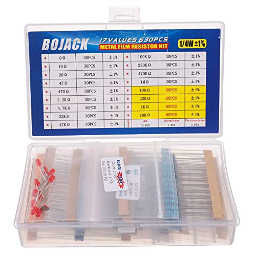 BOJACK 630 Pcs 17 Values Resistor Kit 0 Ohm-1M Ohm with 1% 1/4W Metal Film Resistors Assortment Kit - size: 1/4 W