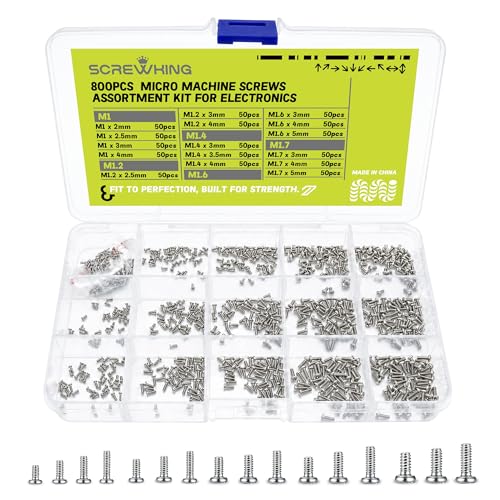 800PCS Micro Screws Assortment Kit, M1/M1.2/M1.4/M1.6/M1.7 Mini Phillips Pan Head Screws, Bright Nickel Plated Small Machine Screw Set for Electronics Repair, DIY, Precision Devices