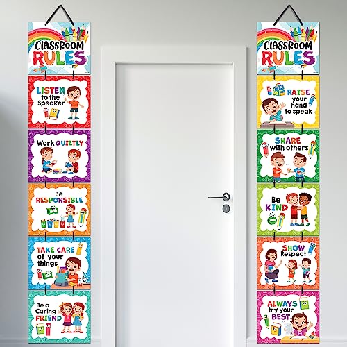 Decorably 12 Hanging Laminated Classroom Rules Poster Elementary, 12x10in - color: Colorful