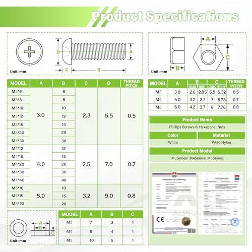 300 Pieces/100 Sets 15mm M3x15 mm Nylon White Screw Nut Washer Kit - size: M3*15 mm, style: White Phillips Head Screws