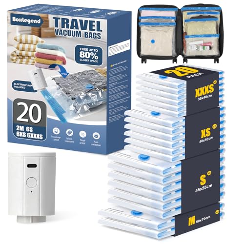 BoxLegend 20 Pack Travel Vacuum Storage Bags with Electric Pump 2 * 27.6x19.7+ 5 * 21.7x17.7+ 6 * 19.7x15.7+ 6 * 15.7x13.8in, Thickened Compression Bags for Clothes Luggage Travel Moving & Closet - size: 20 Combo Travel - Electric Pump