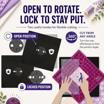 The Quilted Bear Rotating Cutting Mat 18" x 18" - Square 360° Rotating Self Healing Mat with Innovative Locking Mechanism for Quilting & Sewing Your Choice of Colours Available! (Pink) - color: Pink, size: 18"L x 18"W