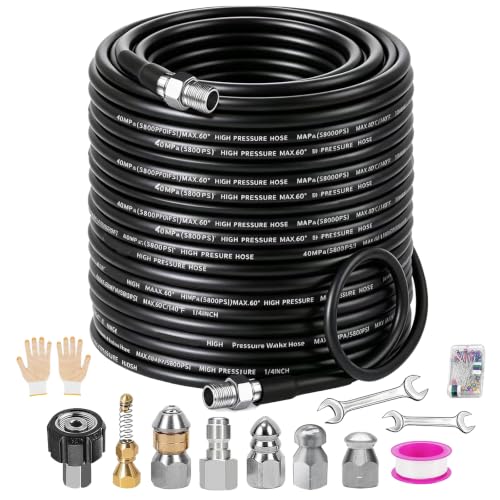 Sewer Jetter Kit for Pressure Washer 150FT, 5800PSI Drain Cleaner Hose 1/4 Inch NPT Corner Rotating and Button Nose Sewer Jetting Nozzle Pearl Corsage Pin Waterproof Tape with Spanner (150FT) - size: 150FT