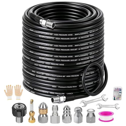 Sewer Jetter Kit for Pressure Washer 150FT, 5800PSI Drain Cleaner Hose 1/4 Inch NPT Corner Rotating and Button Nose Sewer Jetting Nozzle Pearl Corsage Pin Waterproof Tape with Spanner (150FT) - size: 150FT