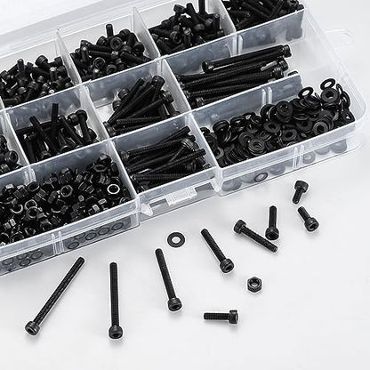 M3 Hex Socket Head Cap Screws Bolts and Nuts and Washers Assortment Kit, 801 Pcs Metric Allen Hex Socket Head Cap Screws Bolts, 12.9 Grade Alloy Steel, Fully Threaded, Black Oxide Finish - size: M3-801