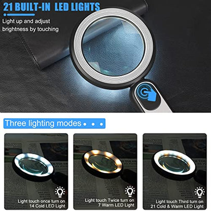 Rechargeable Magnifying Glass with Light, 30X 4.7IN Handheld Large Lightweight Lighted Magnify Len 21 LED 3 Modes Illuminated Book Magnifier forSenior,Reading,Inspection,Coin,JewelryChristmasGift - color: Black+white