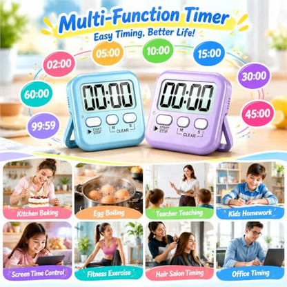 Antonki 2 Pack Digital Timer for Kids Classroom Kitchen Timers for Cooking - color: Sky Blue + Lavender Purple