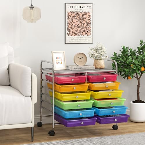 Giantex 12 Drawers Rolling Cart, Mobile Storage Drawer Cart, Classroom Organizer Cart for Office School Supplies Tools Scrapbook Paper Craft Small Printer, Utility Cart on Wheels, Rainbow - color: Rainbow, size: 12 Drawer-25”x15”x24.5”