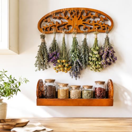 Tree of Life Herb Drying Rack, Wall‑Mount Solid Wood Shelf with 11 Hooks - color: Herb Drying Rack-Storage Tray