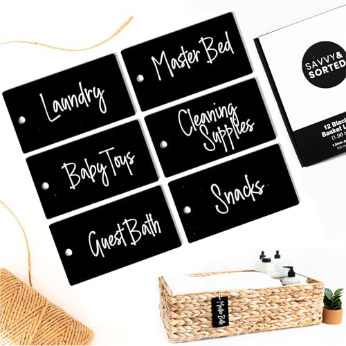SAVVY & SORTED 12 Black Basket Tags 3.5” x 2”, Acrylic Hanging Tags for Storage Bins with Jute String, Personalized Gift Tag for Clothes Kitchen Pantry Office Organization - color: Black