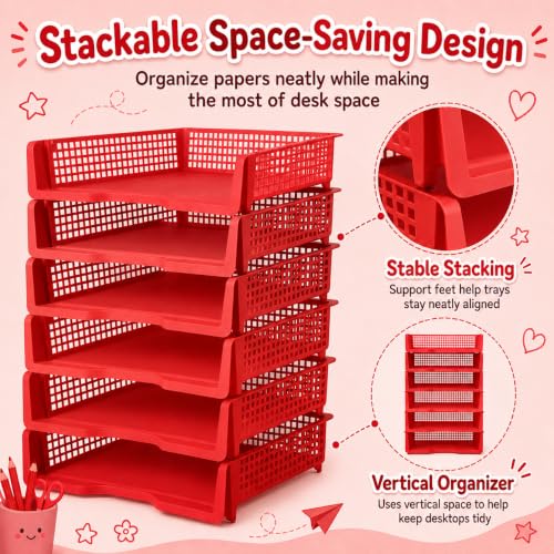 6 Pcs Red Turn in Trays Classroom, Stackable Paper Bins for Classroom, 13x9x2.8 inch Plastic Baskets Desktop Organization System Office (Red) - color: Red
