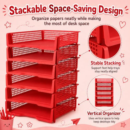 6 Pcs Red Turn in Trays Classroom, Stackable Paper Bins for Classroom, 13x9x2.8 inch Plastic Baskets Desktop Organization System Office (Red) - color: Red