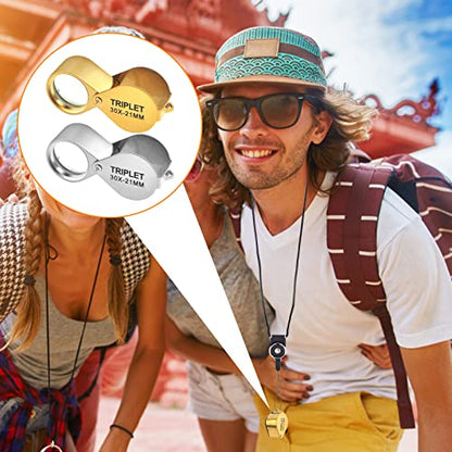 2 Pack 30X 21mm Small Pocket Triplet Jewelry Loupe Metal Folding Magnifying Glass Jewlers Loop with Attached Rope Straps Eye Glass Magnifier for Gems Coins Maps Stamps Currency Detect