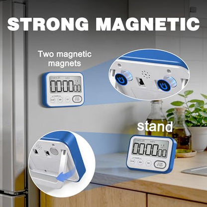 Digital Kitchen Timer Magnetic Loud Alarm, Large LCD Screen Silent/Beeping Multi-Function for Teachers Classroom Kids, Blue - color: Blue