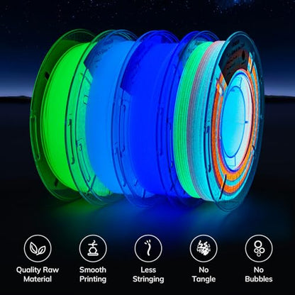 AMOLEN Glow in the Dark 3D Printer Filament, Multicolor Bundle 200gx4 - color: Green/Blue/Blue Purple/Rainbow 5m