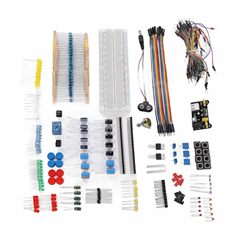 Electronics Component Kit Assortment, Starter Fun Kit with 830 Tie Points Breadboard, Resistor, Capacitor, Diode, e for R3 Development Board, Complete Access for
