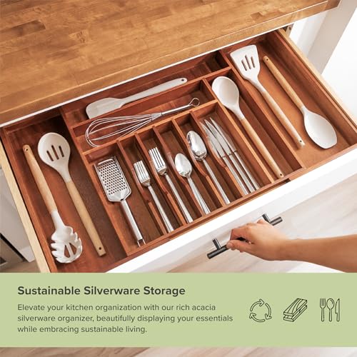 KitchenEdge Silverware & Utensil Organizer | Natural Acacia, 18-33 In - color: Natural Acacia, size: From 18" to 33" Wide